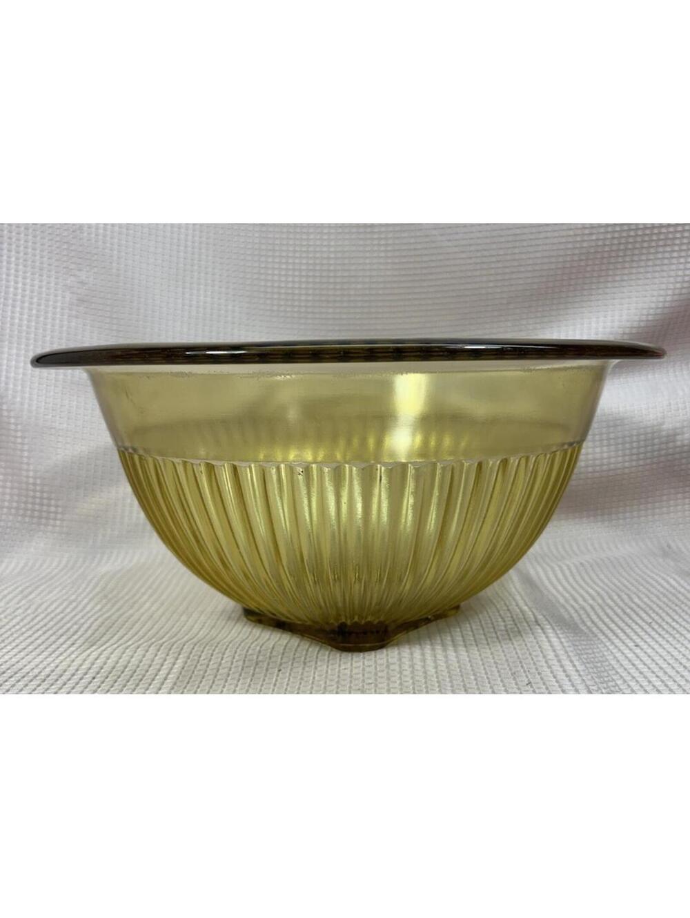 Vintage Federal Glass Amber Ribbed Mixing Bowl 11 5/8” Large Square Base